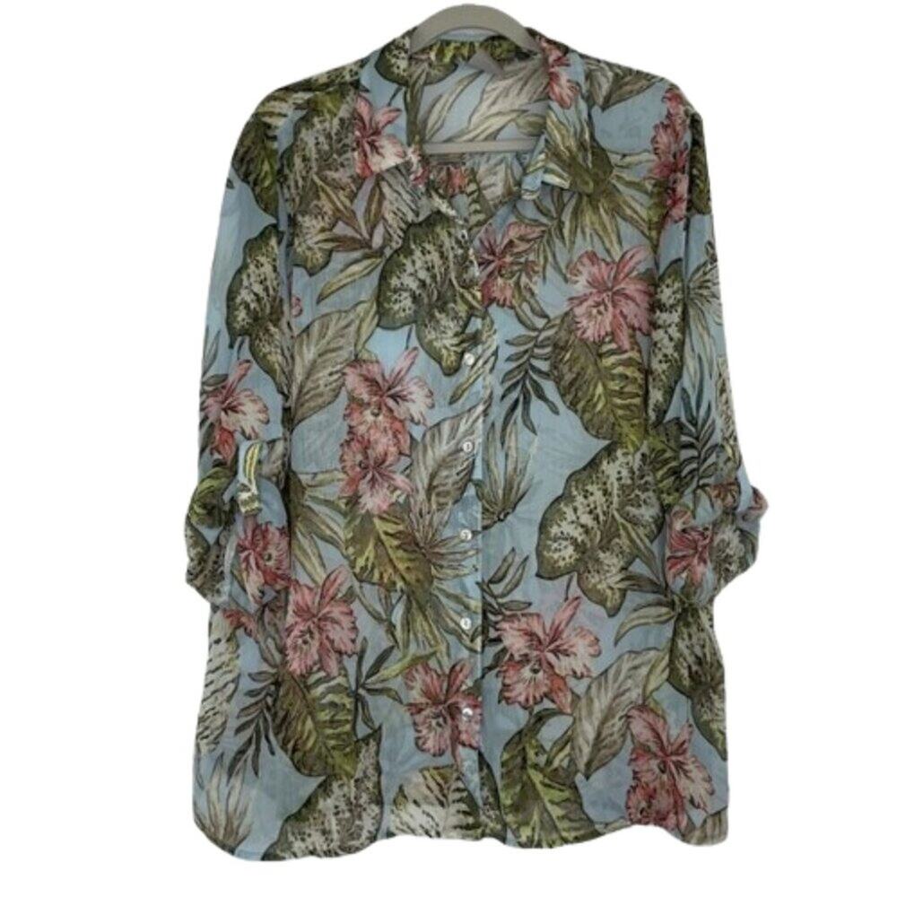 Chico's blue sheer with tropical floral button down blouse no size tag